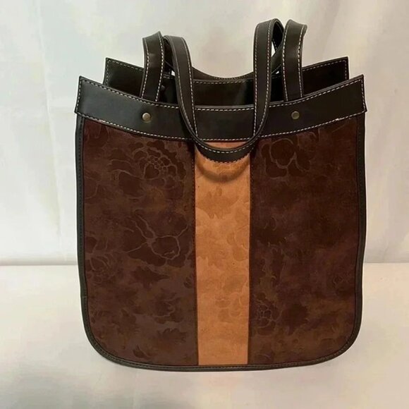 TOTE HANDBAG TWO TONE SUEDE EMBOSSED FLORAL PATTERN DOUBLE HANDLES‎ - Picture 2 of 7